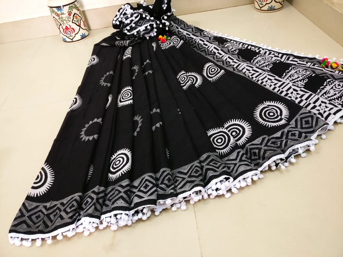 Black Bagru Printed Pure Cotton Sarees - Dailybuyys