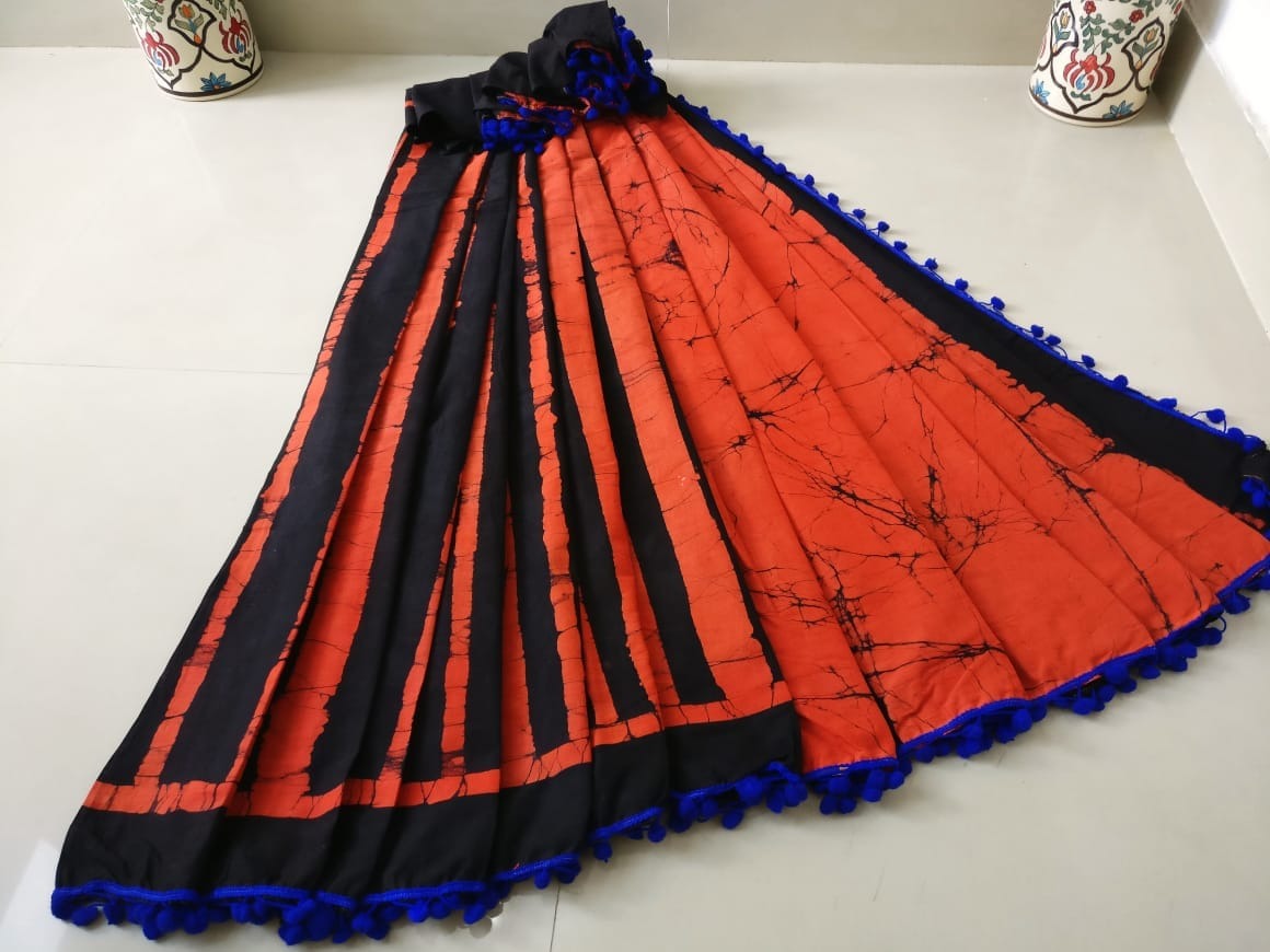 Orange Bagru Printed Pure Cotton Sarees - Dailybuyys