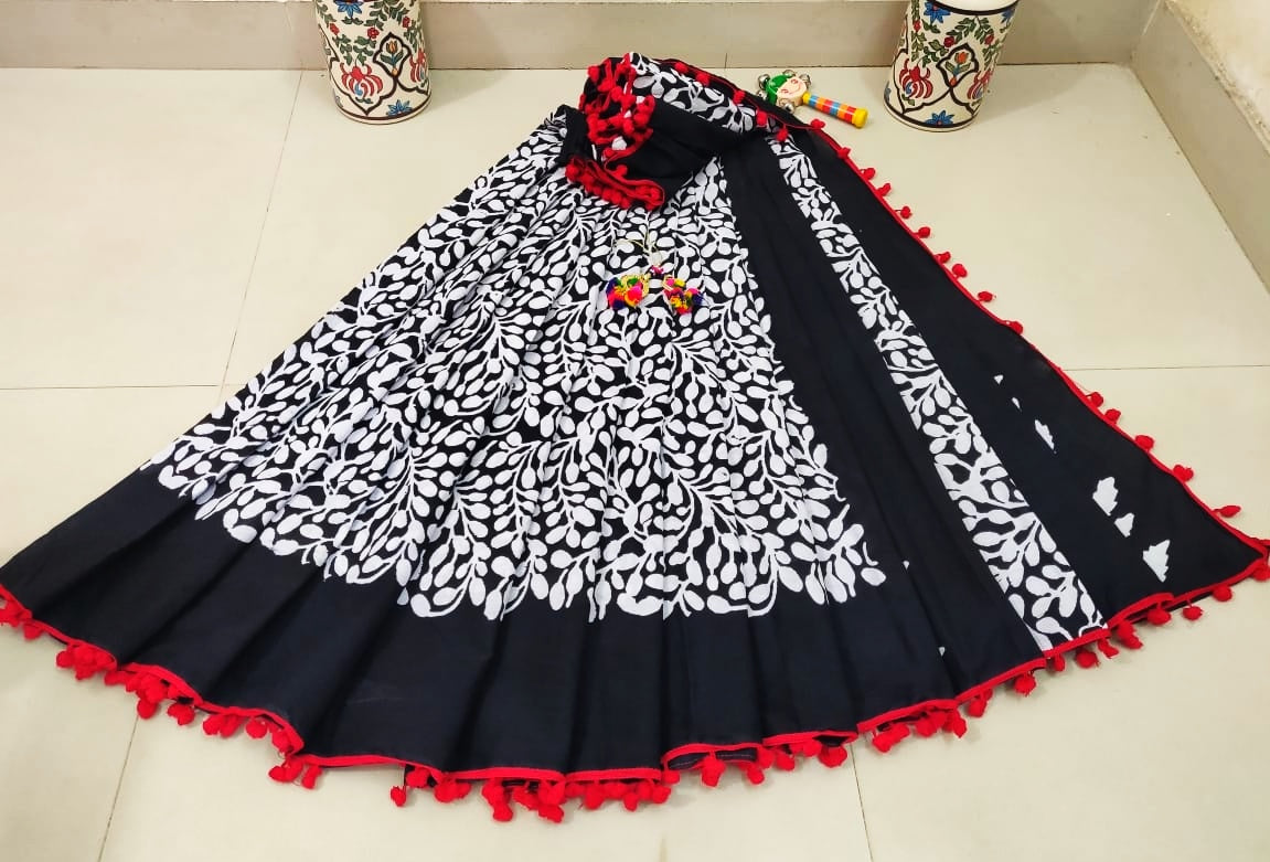 Black Bagru Printed Pure Cotton Sarees - Dailybuyys