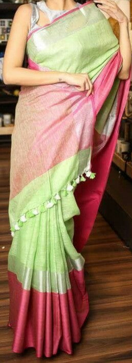 Green Purple Pure Linen Sarees - Dailybuyys