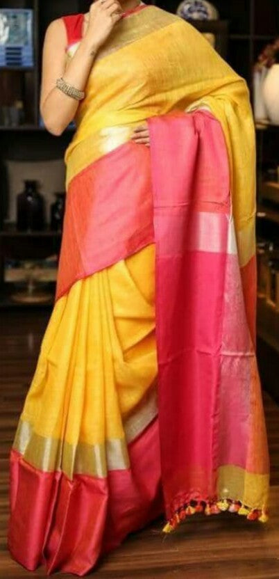 Orange Purple Pure Linen Sarees - Dailybuyys