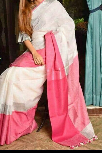 Pink Beige Pure Linen Sarees - Dailybuyys
