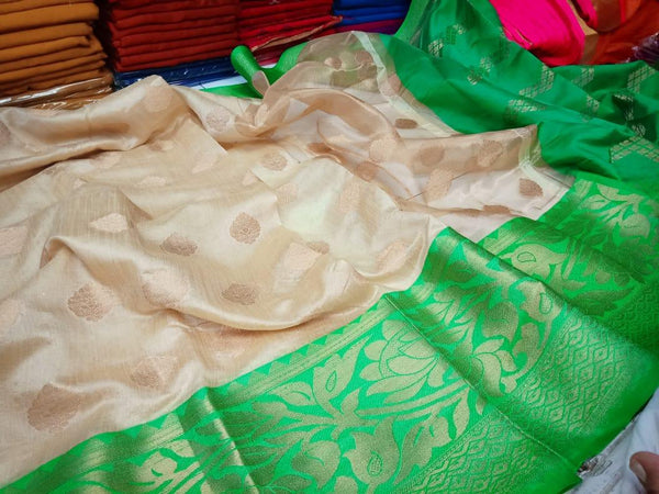 Beige Green Block Printed Semi Pure Silk Mark Certified Tussar Silk Sarees