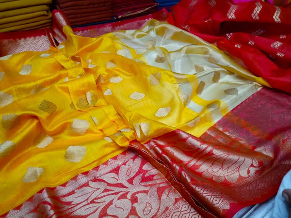 Yellow Red Block Printed Semi Pure Silk Mark Certified Tussar Silk Sarees