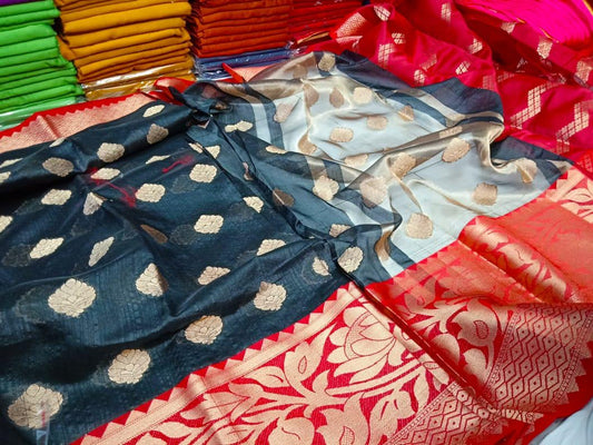 Black Red Block Printed Semi Pure Silk Mark Certified Tussar Silk Sarees - Dailybuyys