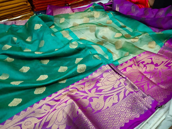 Green Violet Block Printed Semi Pure Silk Mark Certified Tussar Silk Sarees