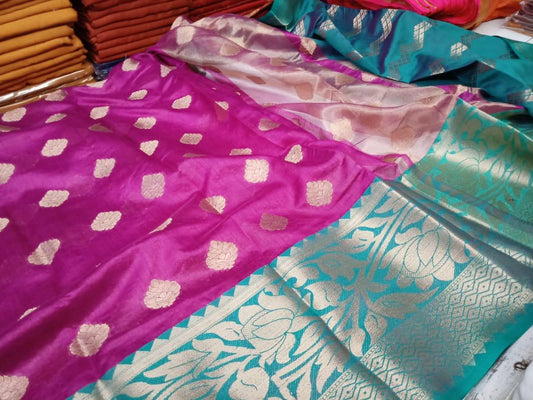 Violet Green Block Printed Semi Pure Silk Mark Certified Tussar Silk Sarees - Dailybuyys