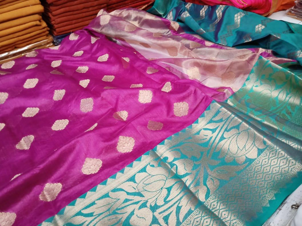 Violet Green Block Printed Semi Pure Silk Mark Certified Tussar Silk Sarees