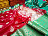 Red Green Block Printed Semi Pure Silk Mark Certified Tussar Silk Sarees