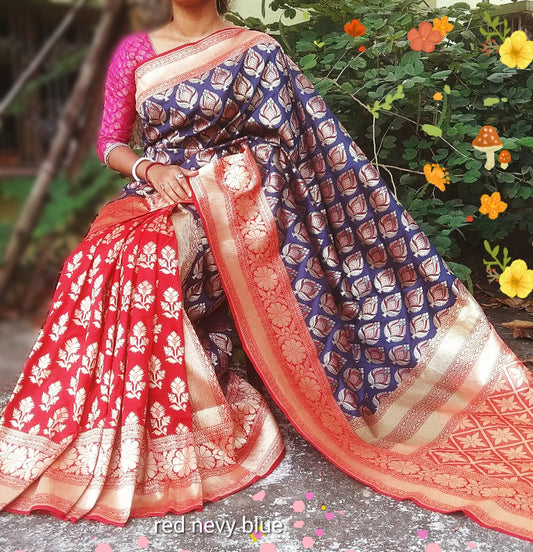 Blue Red Banarasi Silk Sarees - Dailybuyys