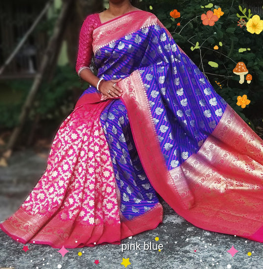 Blue Red Banarasi Silk Sarees - Dailybuyys