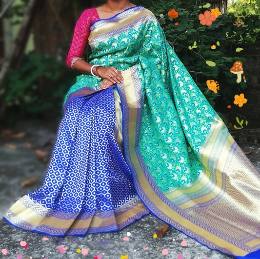 Green Blue Banarasi Silk Sarees - Dailybuyys