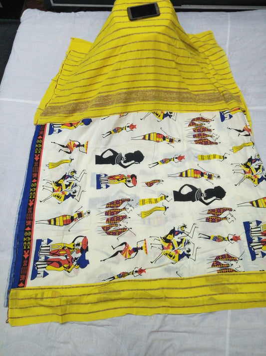 Yellow White Pure Cotton Khesh Sarees - Dailybuyys