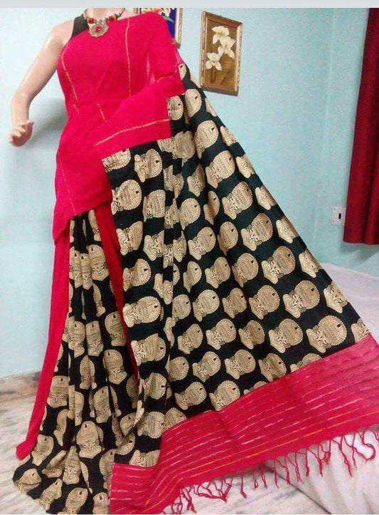 Red Black Pure Cotton Khesh Sarees - Dailybuyys