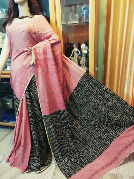 Pink Black Pure Cotton Khesh Sarees - Dailybuyys