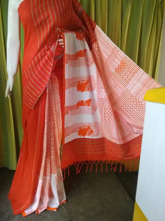 Orange White Pure Cotton Khesh Sarees - Dailybuyys