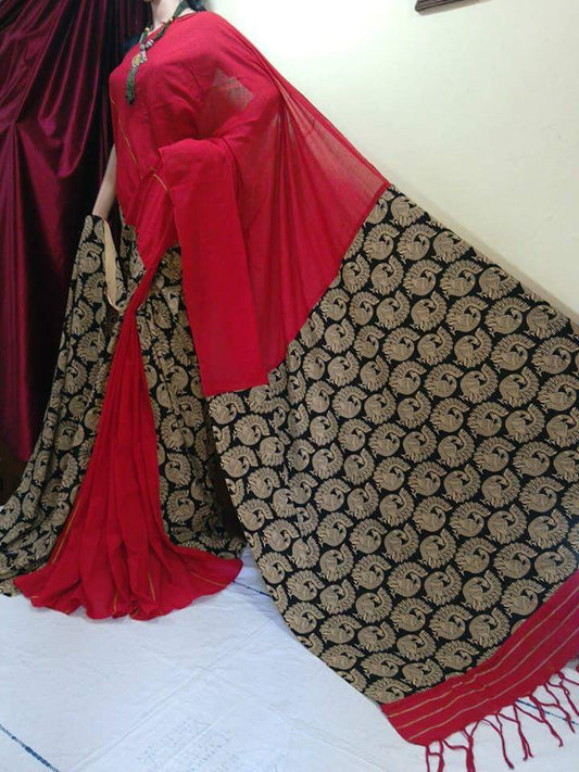 Red Pure Cotton Khesh Sarees - Dailybuyys