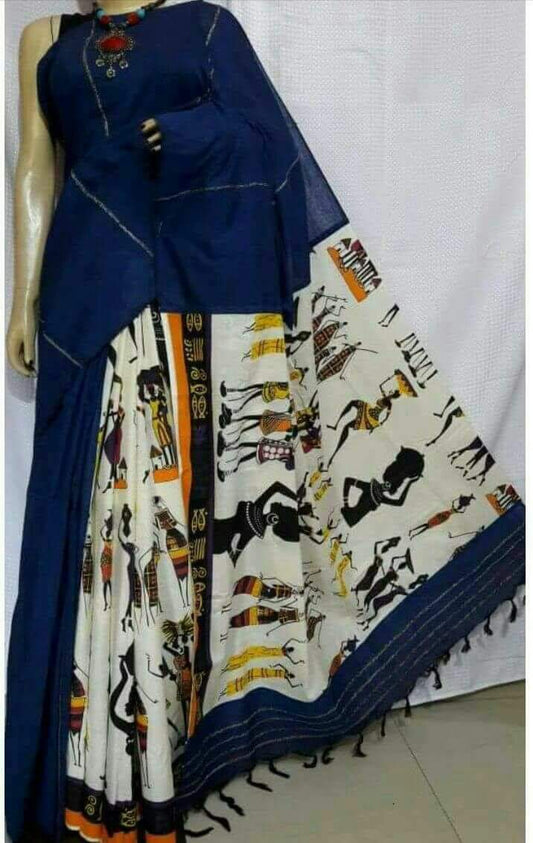 Blue White Pure Cotton Khesh Sarees - Dailybuyys