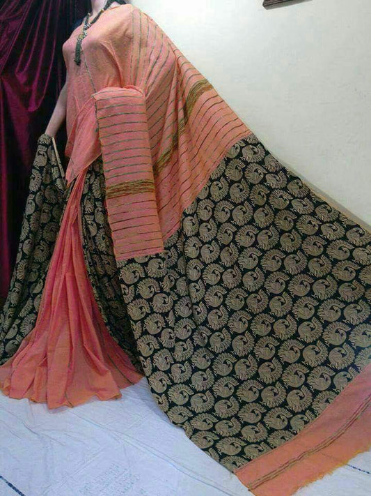 Pink Black Pure Cotton Khesh Sarees - Dailybuyys