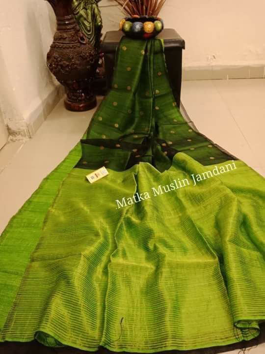 Green Matka Silk Mark Certified Muslin Jamdani Sarees - Dailybuyys