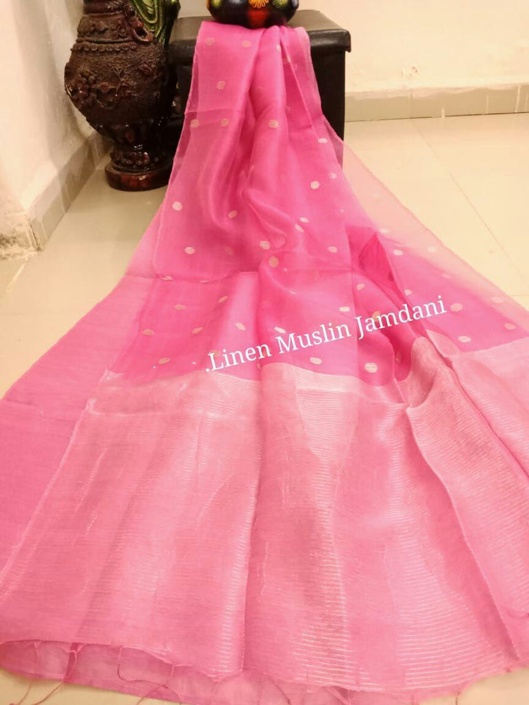 Pink Matka Silk Mark Certified Muslin Jamdani Sarees Get Extra 10% Discount on All Prepaid Transaction