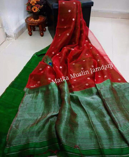 Maroon Green Matka Silk Mark Certified Muslin Jamdani Sarees