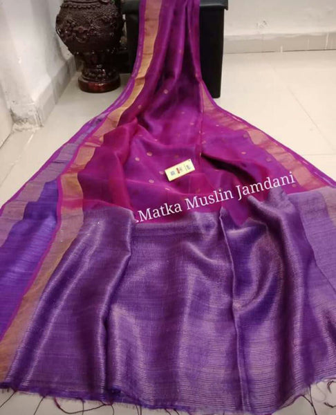 Violet Purple Matka Silk Mark Certified Muslin Jamdani Sarees