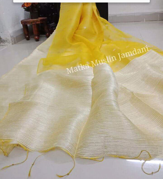 Yellow Matka Silk Mark Certified Muslin Jamdani Sarees