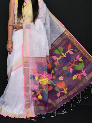White Jamdani Pure Linen Sarees Get Extra 10% Discount on All Prepaid Transaction