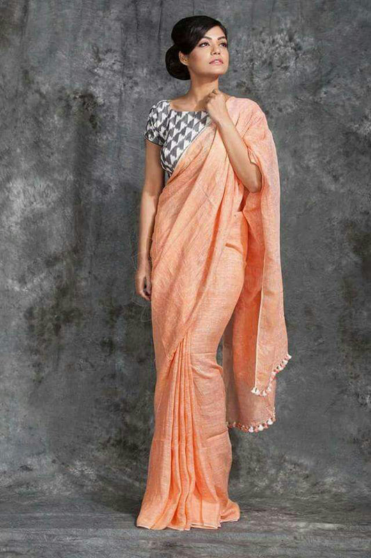 Orange Pure Linen Sarees - Dailybuyys
