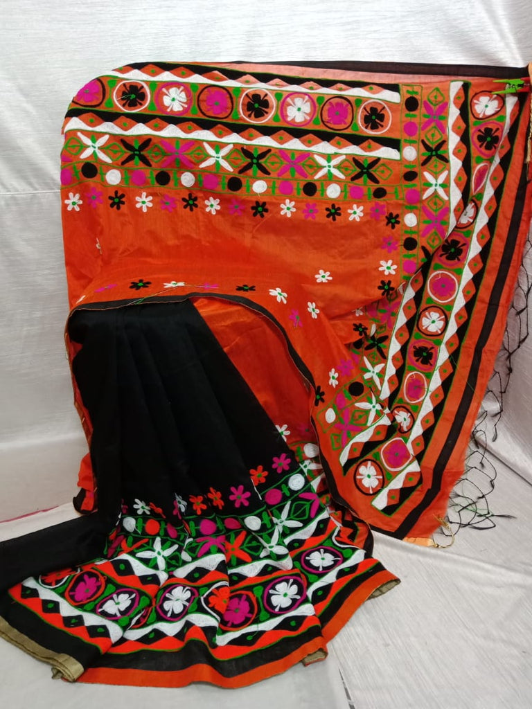 Orange Black Pure Cotton Handloom Sarees