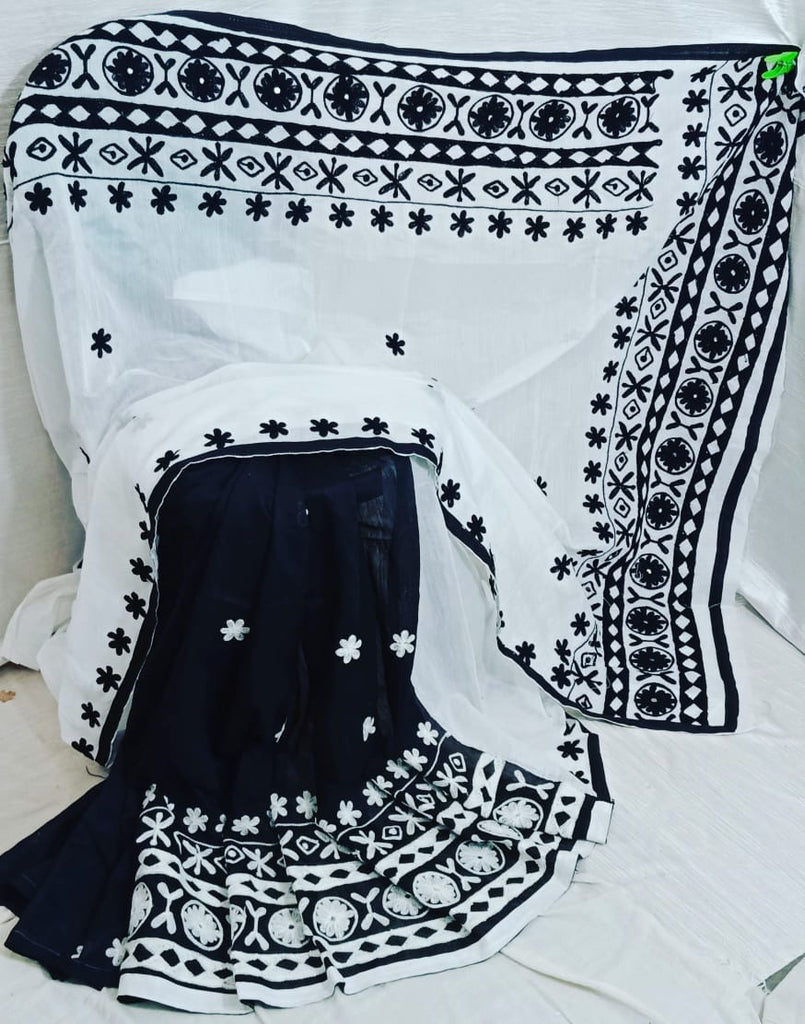 White Black Pure Cotton Handloom Sarees