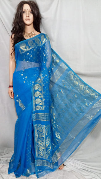 Sky Blue Silver Handwoven Linen Jamdani Saree With Zari Border & Tassels -  S031704032 | Blue silk saree, Rajasthani dress, Saree look