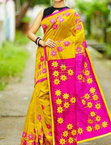 Yellow Purple Pure Cotton Silk Sarees Get Extra 10% Discount on All Prepaid Transaction