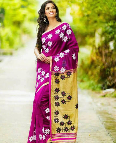 Purple Brown Pure Cotton Silk Sarees Get Extra 10% Discount on All Prepaid Transaction
