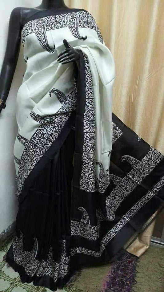 White Black Pure KK Silk Mark Certified Bishnupuri Silk Sarees - Dailybuyys