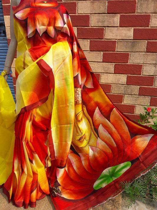 Orange Yellow Pure KK Block Printed Silk Mark Certified Bishnupuri Silk Sarees - Dailybuyys