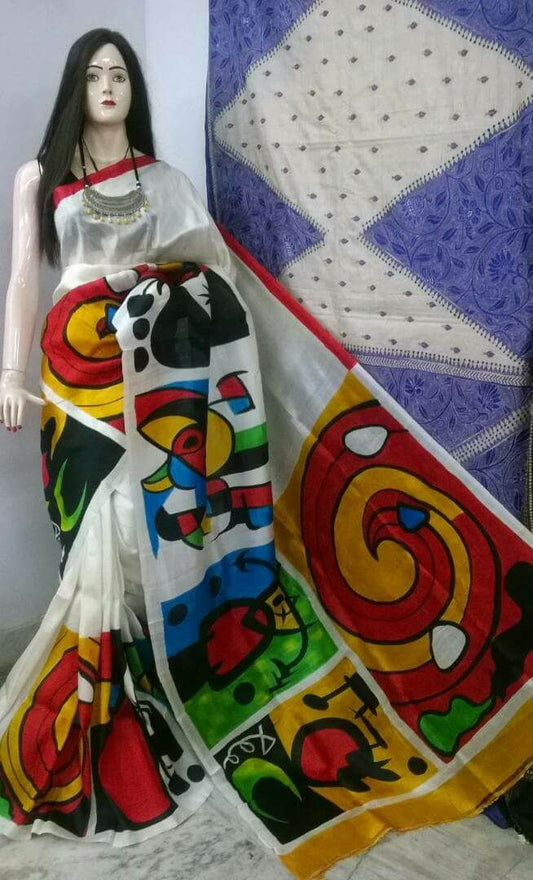 White Pure KK Silk Mark Certified Bishnupuri Silk Sarees - Dailybuyys