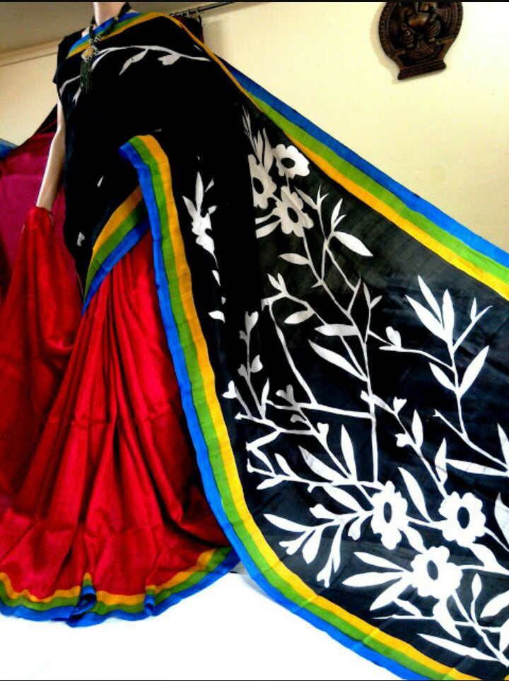 Black Red Hand Painted Pure KK Silk Mark Certified Bishnupuri Silk Sarees