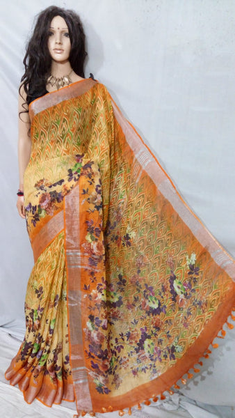 Yellow S.G 80 Count Digital Pure Linen Sarees