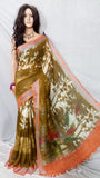 Yellow Brown S.G 80 Count Digital Pure Linen Sarees