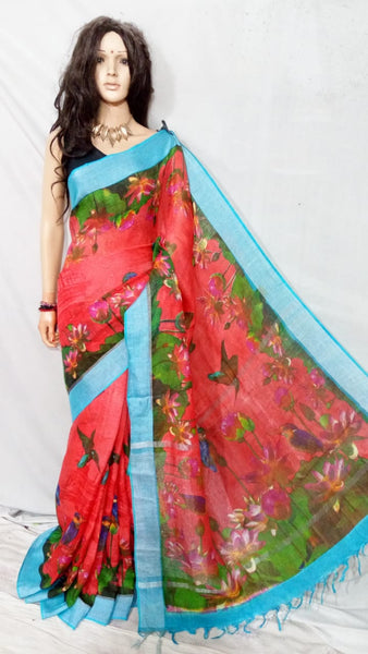 Red S.G 80 Count Digital Pure Linen Sarees