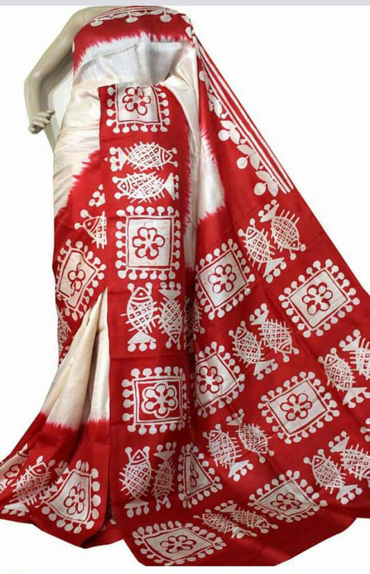 Red Beige Pure KK Block Printed Silk Mark Certified Bishnupuri Silk Sarees - Dailybuyys