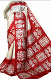 Red Beige Pure KK Block Printed Silk Mark Certified Bishnupuri Silk Sarees