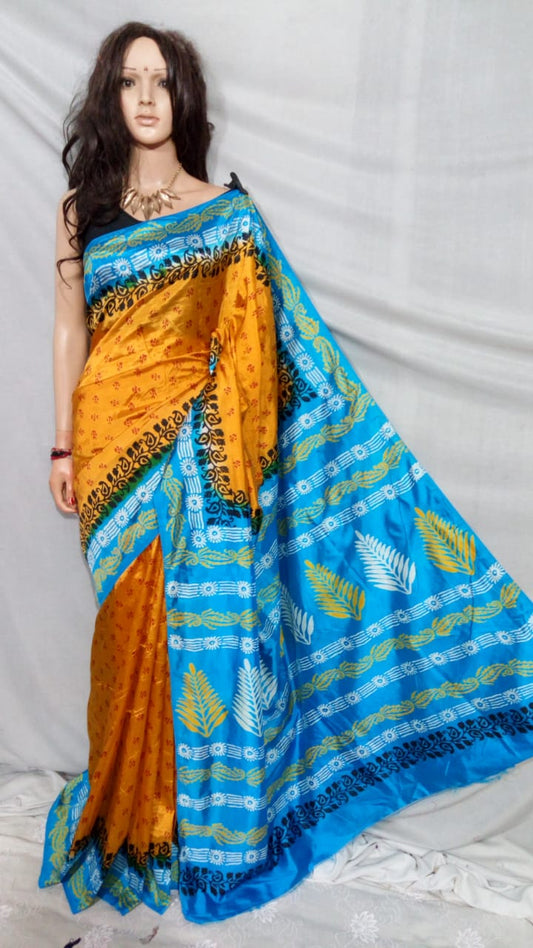 Yellow Blue Pure Cotton Silk Sarees - Dailybuyys