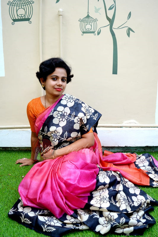 Purple Grey Glamour Hand Painted  Zari Border Pure Silk Mark Certified Tussar Silk Sarees - Dailybuyys