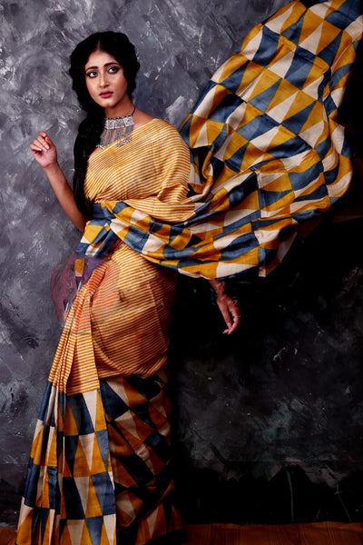 Yellow Glamour  Block Printed Zari Border Pure Silk Mark Certified Tussar Silk Sarees