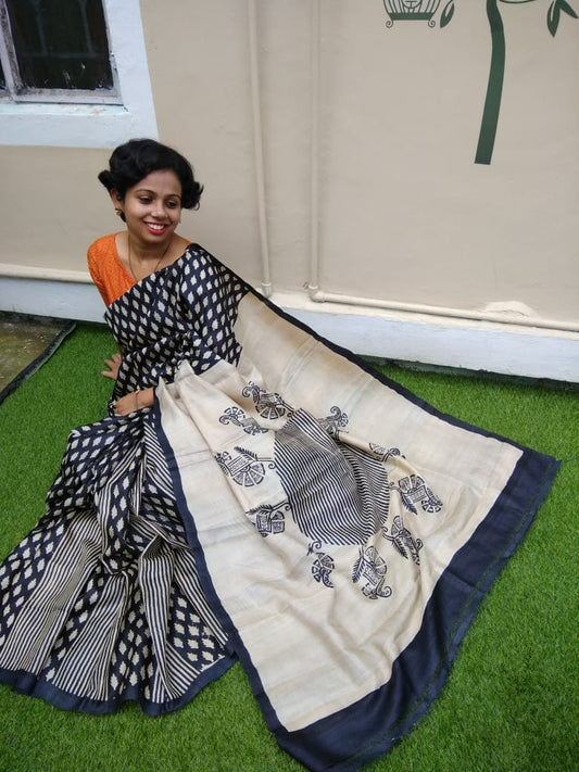Grey Beige Glamour  Block Printed Zari Border Pure Silk Mark Certified Tussar Silk Sarees - Dailybuyys