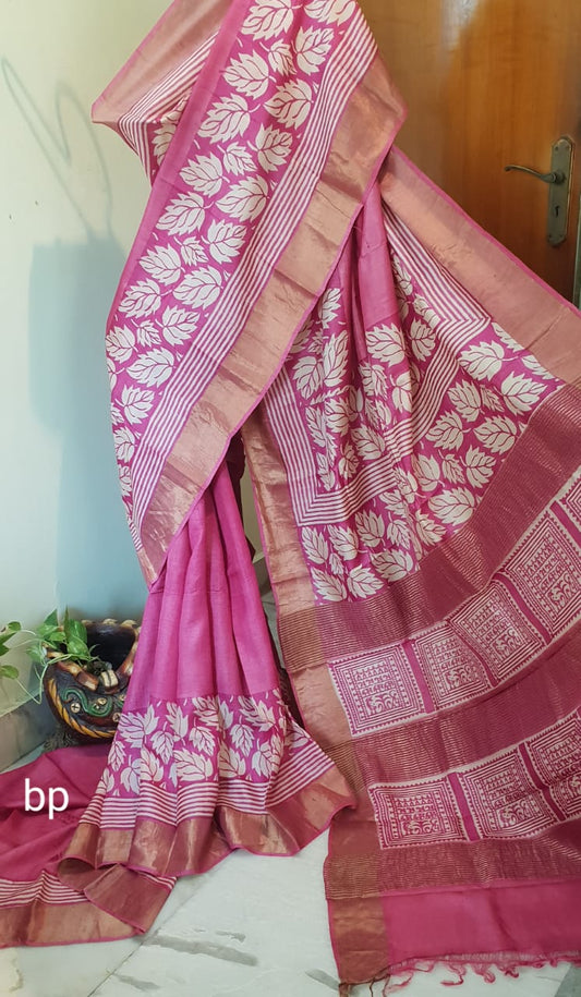 Purple KK  Block Printed Zari Border Pure Silk Mark Certified Tussar Silk Sarees - Dailybuyys