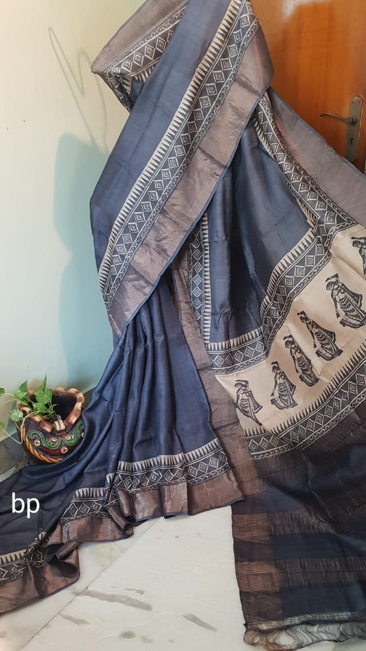 Grey KK Block Printed Zari Border Pure Silk Mark Certified Tussar Silk Sarees - Dailybuyys